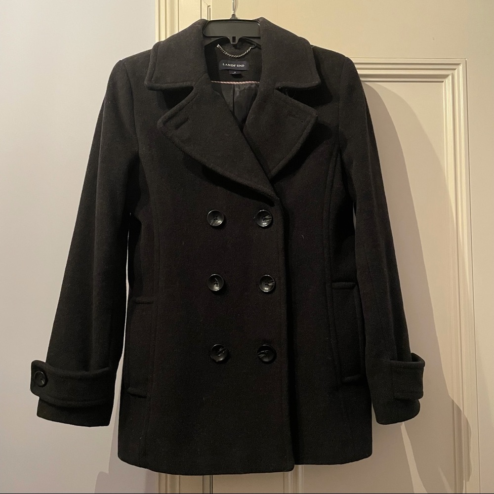 Lands End Black Double Breasted Wool Women Peacoat Gem
